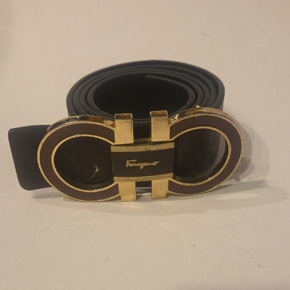 Salvatore Ferragamo Black Belt with Gold Buckle